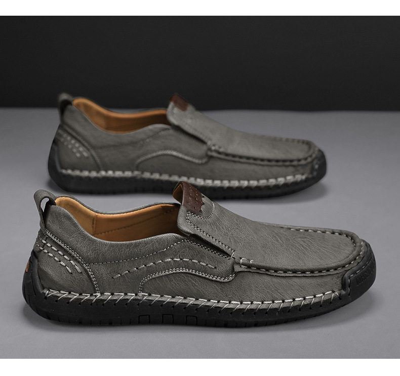 Giày lười nam da bò khâu thủ công cổ thấp mũi tròn, đế bằng — 9914 kaki, 9914 màu đen, 9914 nâu sẫm, Màu xám 9914 chi tiết 27