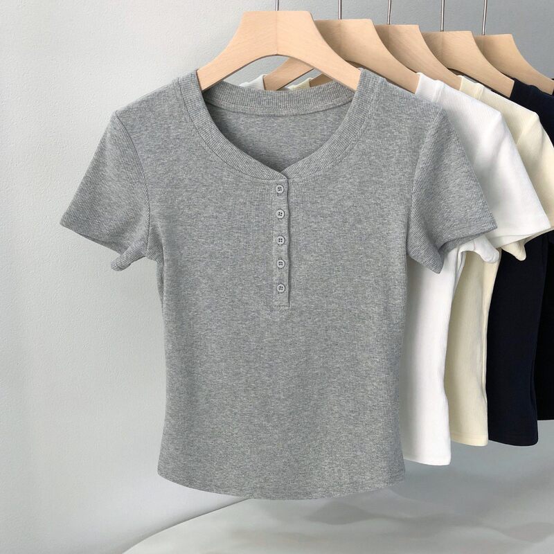 Cotton Henley Short-Sleeve T-Shirt for Women 2026 Summer Ribbed Round Neck Regular Shoulder Buttoned Slim Fit Short Top Solid Color