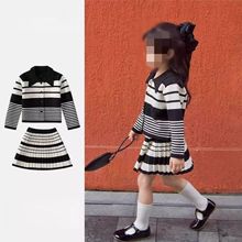 女童针织套装2025秋季新款时尚洋气女孩学院毛衣外套百褶裙两件套