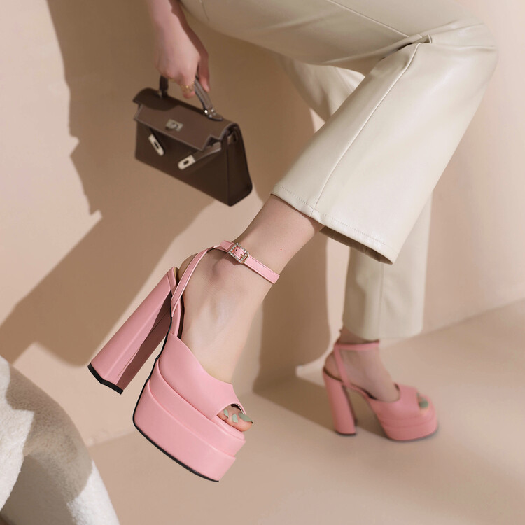 2022 foreign trade new peep toe sandals ring leg buckle hollow double waterproof platform chunky heel high heel sandals for women plus size 43