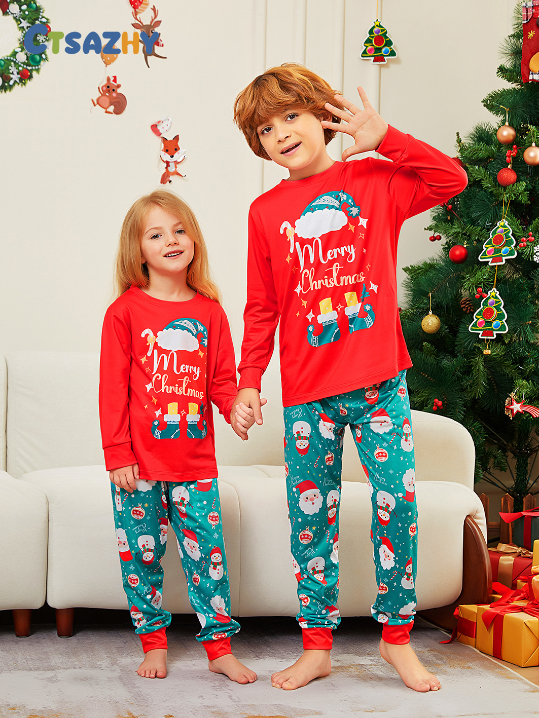 Kerstmis Santa Crutch Letter Kerstmis Familie pak bedrukte homewear pyjama_voghion.com