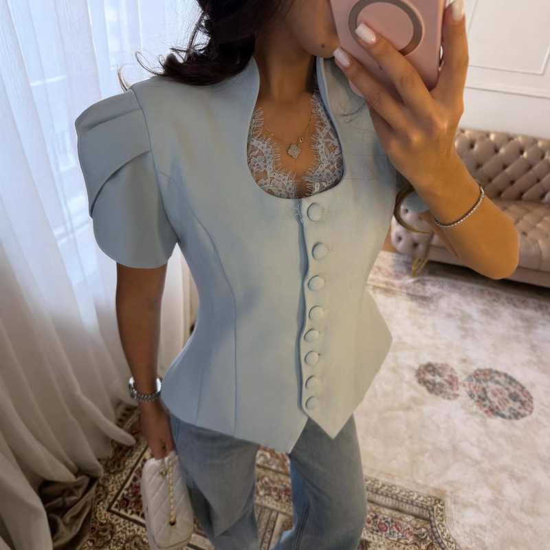 European and American Cross-Border Women's Clothing 2026 Summer New Style Elegant and Fashionable Design Lace Splicing Short-Sleeved Shirt Suit for Women