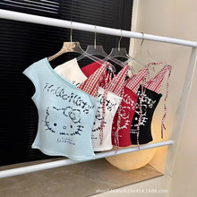 白色kitty猫咪格子拼接斜肩背心T恤女夏季露肩甜辣修身短款上衣潮