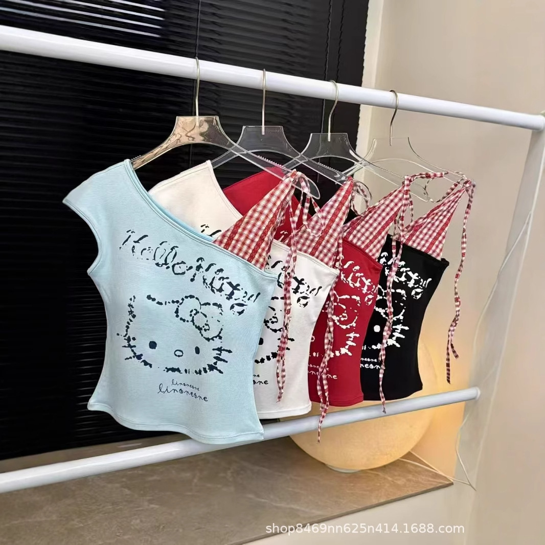 白色kitty猫咪格子拼接斜肩背心T恤女夏季露肩甜辣修身短款上衣潮