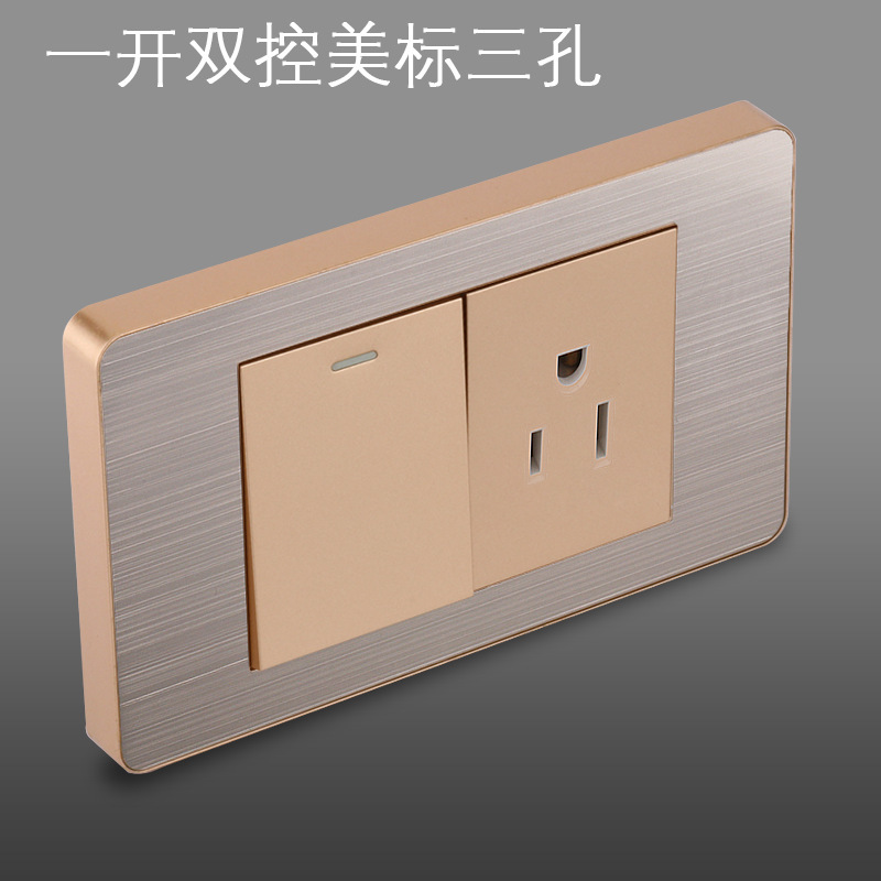 Panel de enchufe de metal estándar estadounidense de acero inoxidable dibujado oro tres agujeros Taiwan conmutador USB suministro directo de fabricantes de enchufes