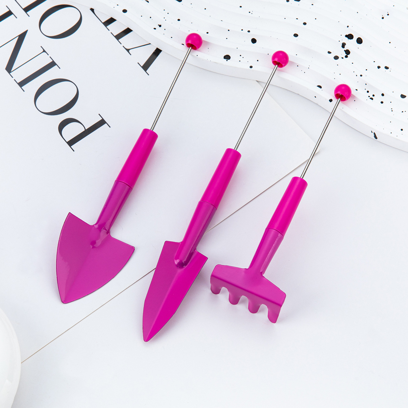 DIY cuentas herramientas de jardinería set de tres piezas rastrillo flor plantación de flores carnosas pequeñas herramientas de pala pequeña pala maceta