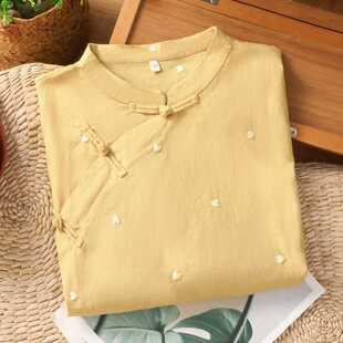 Real Shot of New Chinese Style Cotton and Linen National Style Button-Down Shirt 2025 Summer New Style Artistic Yellow Small Heart Embroidered Top