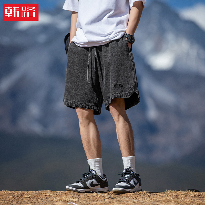 Distressed Washed Workwear Denim Shorts Men's Summer New Trendy Brand Embroidered Japanese Style Casual Loose Drawstring Five-Quarter Pants Distressed Washed Workwear Denim Shorts Men's Summer New Trendy Brand Embroidered Japanese Style Casual Loose Drawstring Five-Quarter Pants