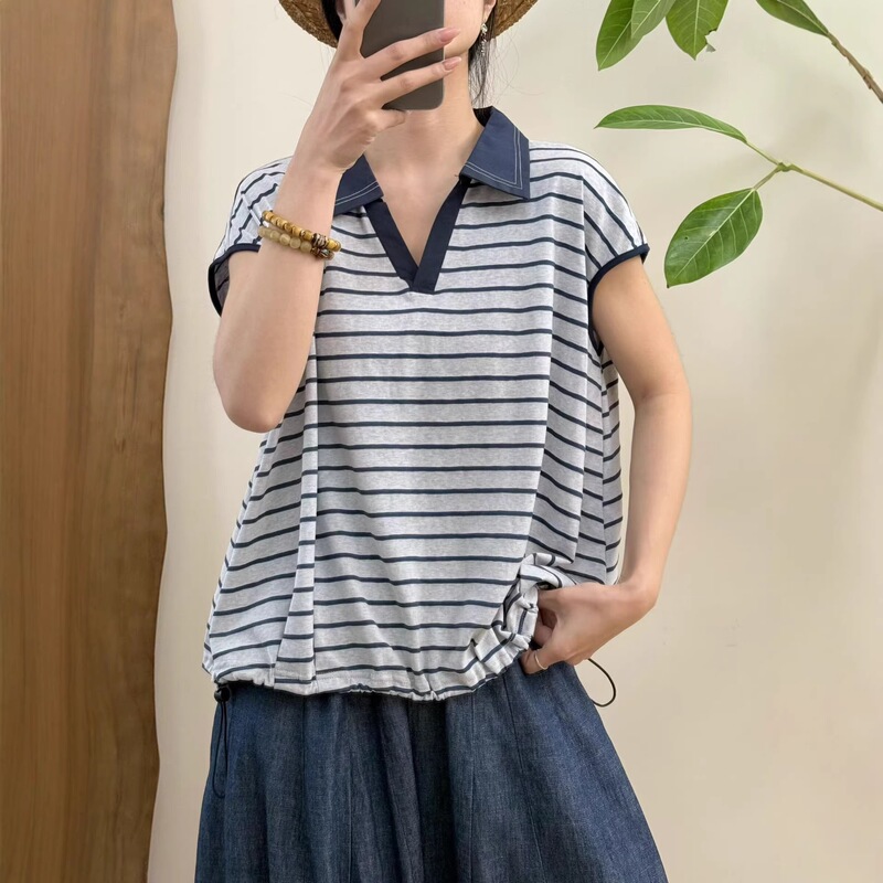 2026 Summer New Versatile Artistic Loose Casual Striped Pullover V-Neck T-Shirt with Turn-Down Collar and Flutter Sleeves