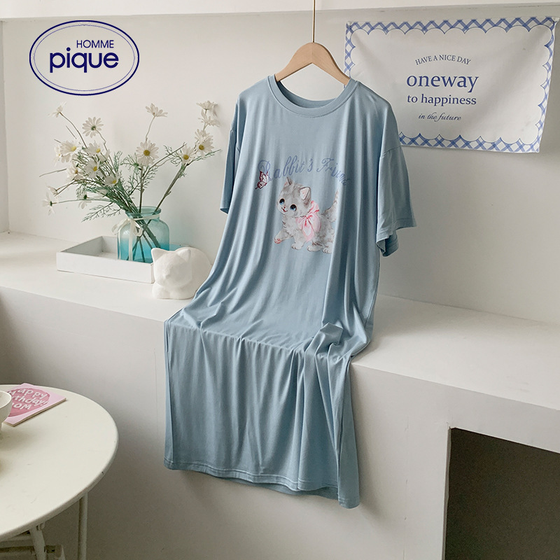 Cat Modal Nightgown Women's Summer Thin Pajamas Cartoon Ice Cream Round Neck Mid-Length Skirt