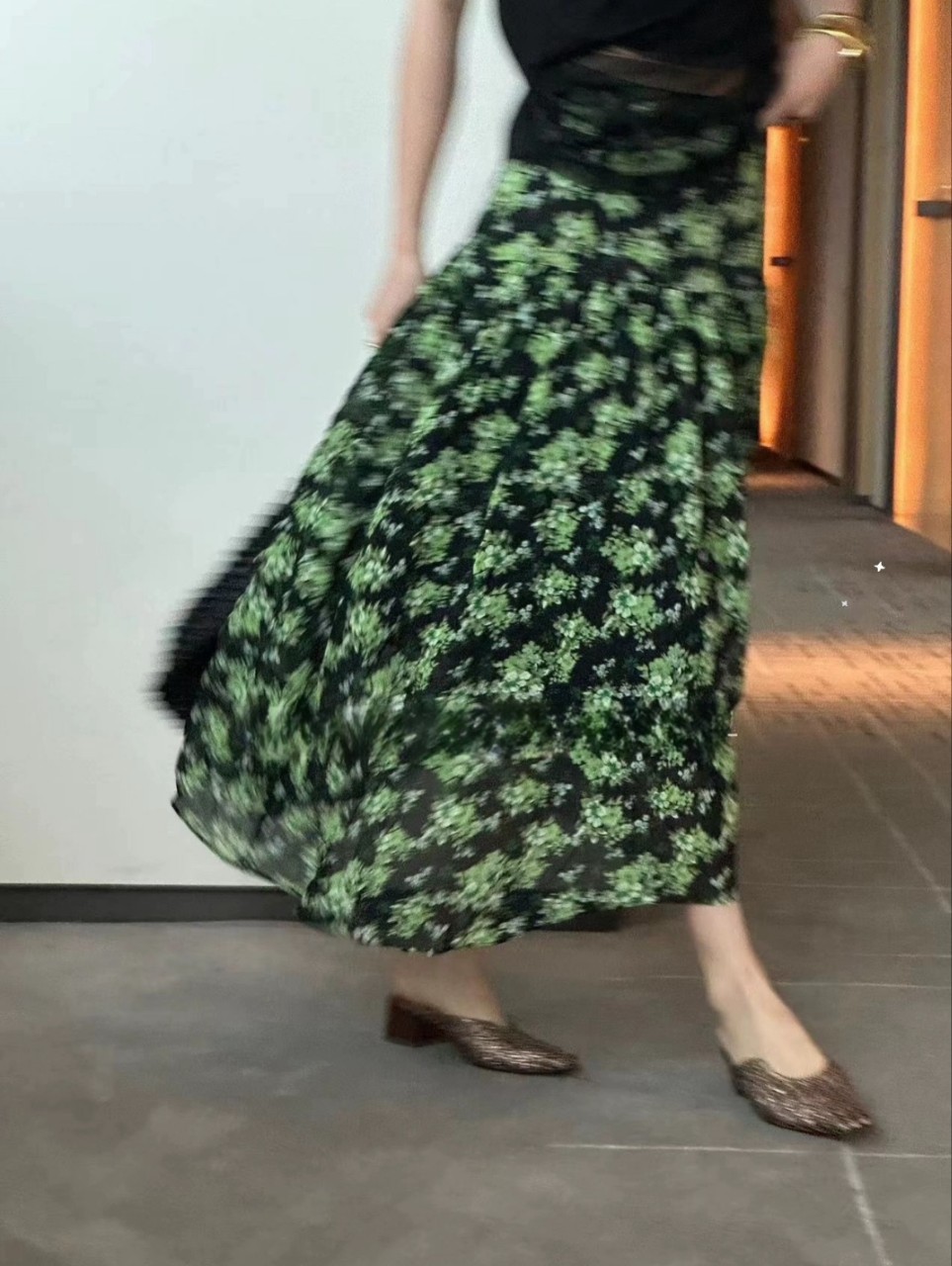 复古时髦百搭绿色碎花度假真丝乔其半身裙百搭个性大摆裙72