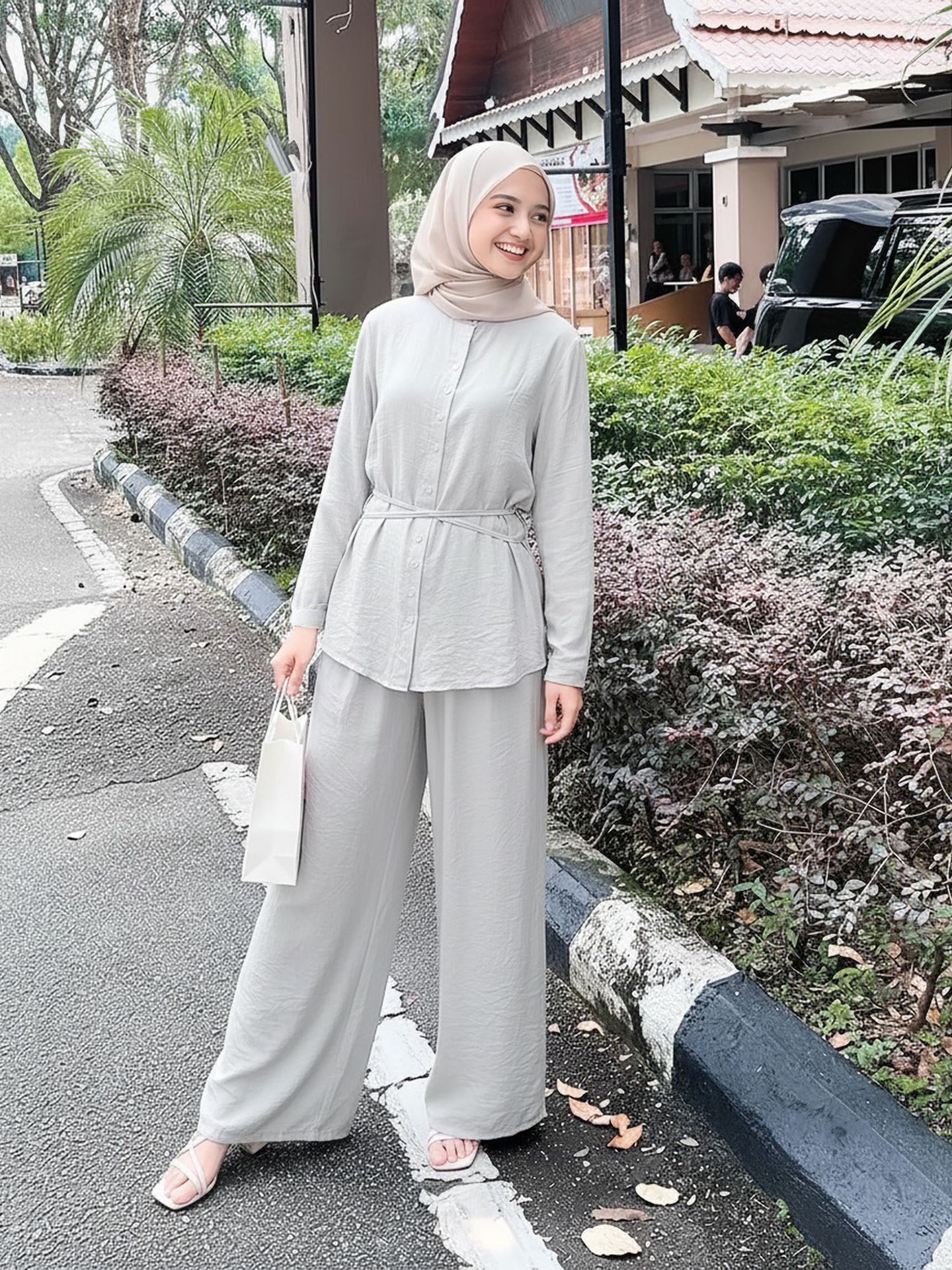 Malaysian Indonesian Women's Slimming Top And Wide Leg Pants Set Stand Collar Tie Waist Fashionable_ecoleips.com