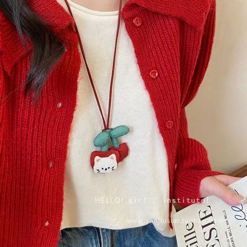 卡通童趣猫咪小狗项链甜美可爱设计感精致百搭布艺小众毛衣链颈链|undefined