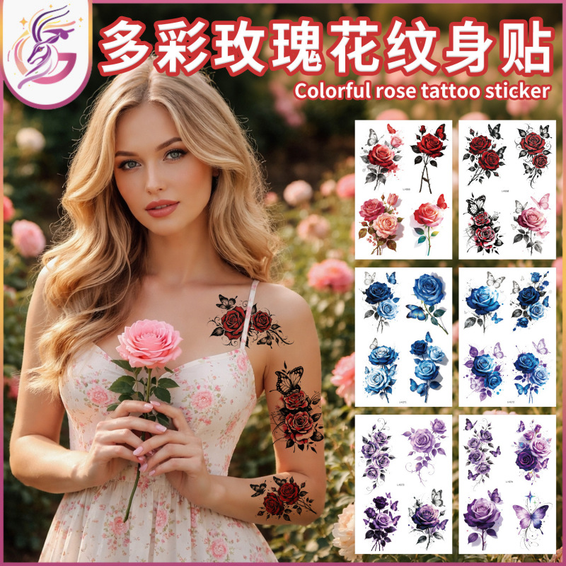 Colorful rose tattoo stickers in purple, blue, and pink with various butterflies and roses, suitable for sexy body tattoos at parties Colorful rose tattoo stickers in purple, blue, and pink with various butterflies and roses, suitable for sexy body tattoos at parties