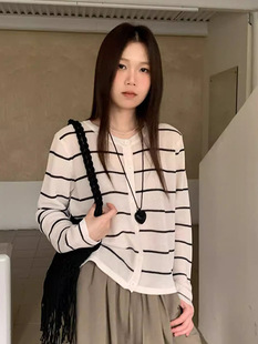 Summer Thin and Super Nice Loose Outer Wear Sun Protection Top Korean Style Slightly See-Through Striped Long-Sleeved Knitted Cardigan Jacket for Women