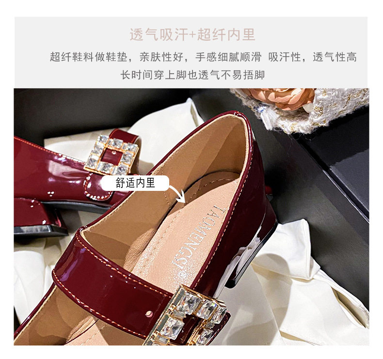 Giày Mary Jane nữ quai ngang đính đá gót thô 3–5 cm mũi vuông — Màu đen, Màu đỏ chi tiết 9