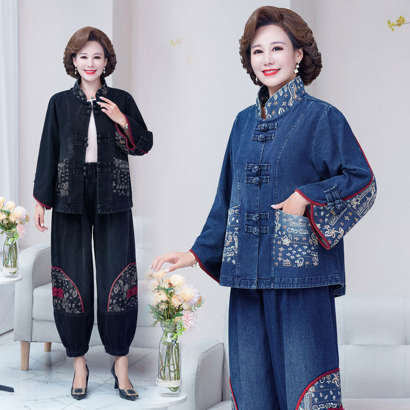 Middle-aged mom spring clothes suit Western style top middle-aged and elderly women's clothing spring and autumn Korean style Denim coat pants two-piece suit