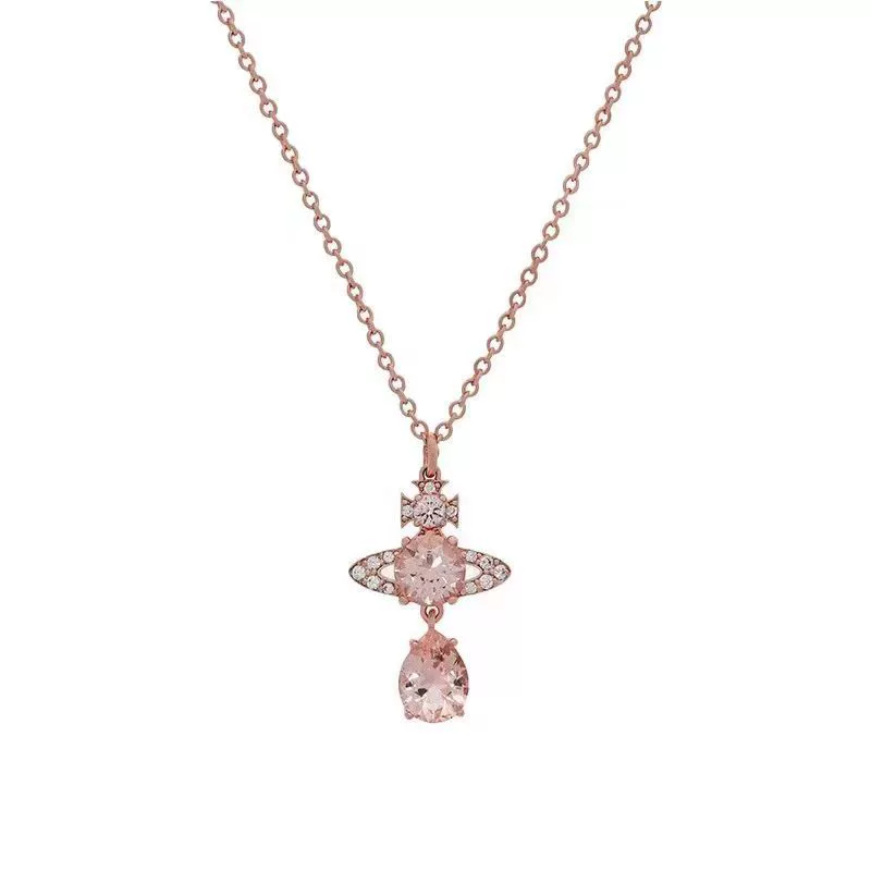 Pendant Necklace (Vivienne) Queen Mother Saturn design, pink crystal teardrop, clavicle chain