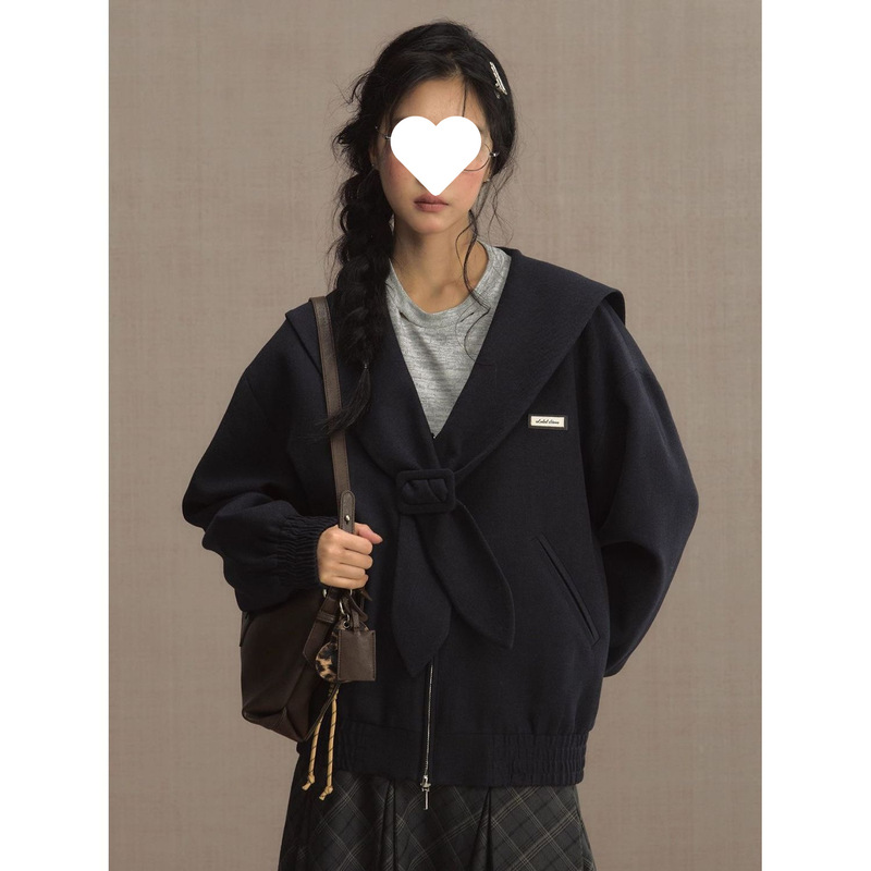 Mist Blue Sailor College Style Retro Loose Navy Collar Jacket Women's 2025 Autumn New Commuting Short Jacket