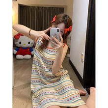 甜美条纹撞色睡裙女可爱少女韩版ins背心无袖连衣裙可外穿家居服