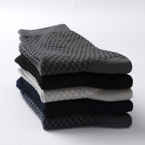 Autumn and winter new bamboo fiber cotton socks mid-calf men's socks double needle dark flower small square enlarged business foreign trade socks wholesale