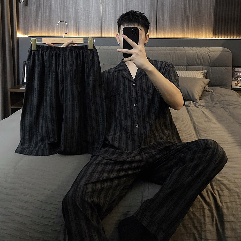 Pijama a rayas para hombres primavera y otoño verano hielo manga corta pantalones largos de tres piezas set de seda real ropa delgada suelta para el hogar