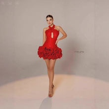 跨境夏季红色高端性感抹胸连衣裙修身花朵裙摆礼服裙绷带紧身裙