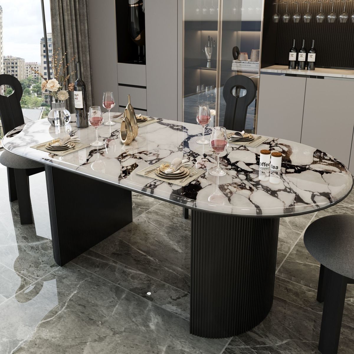 French Popular Marble Dining Table Slate Dining Table Retro Modern Light Luxury Stone Simple Oval Dining Table and Chair Combination