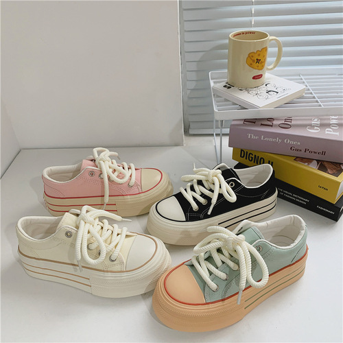 Student thick-soled low-cut mint green canvas shoes for women  Korean version sports and leisure all-match white shoes breathable women's shoes