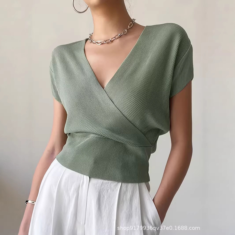 26 Xiyin Spring/Summer Cross-Border Hot-Selling High-End Cross V-Neck Knitted Sweater for Women, Waist-Cinching Slimming Short-Sleeve T-Shirt Knitted Sweater