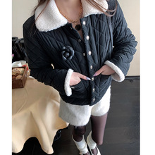 2025冬黑色菱格小香风棉服大衣女冬季短款修身加绒千金风棉衣外套