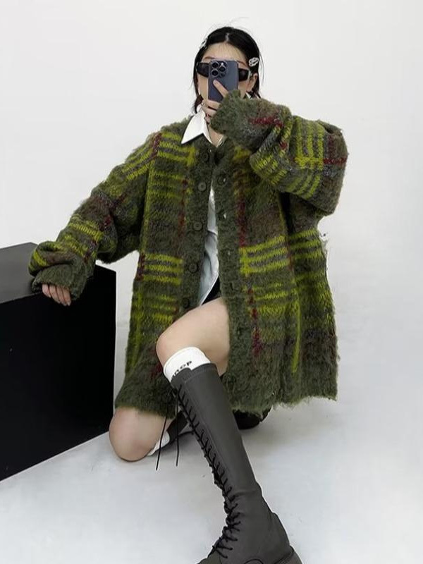 美式复古情侣款外套宽松毛绒针织毛衣秋冬加厚男女慵懒风开衫上衣|undefined