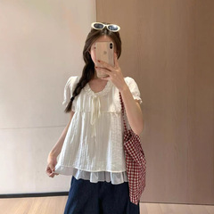 大码胖mm韩系高级假两件边系带短袖衬衫女夏季甜美风减龄别致上衣