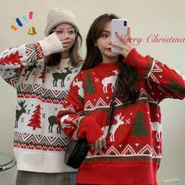欧美女装长袖针织毛衣加工秋冬红色圆领套头印花圣诞麋鹿毛衣定制