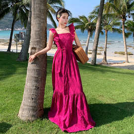 夏季新款小飞袖露背连衣裙绑带设计度假风长裙