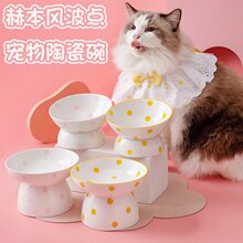 宠物喂食碗猫咪陶瓷水碗赫本风圆点可爱狗狗饭高脚保护颈椎泰迪88