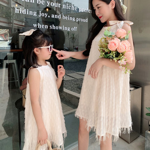 2023 Summer new parent-child clothing mother and women's clothing tassel tie bow princess skirt neck socialite style dress
