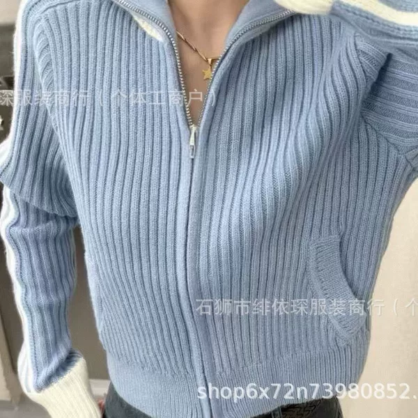 Autumn and Winter Celebrity-Inspired College Style Badge Embroidery Double Zipper Color-Block Striped Knit Cardigan Short Jacket