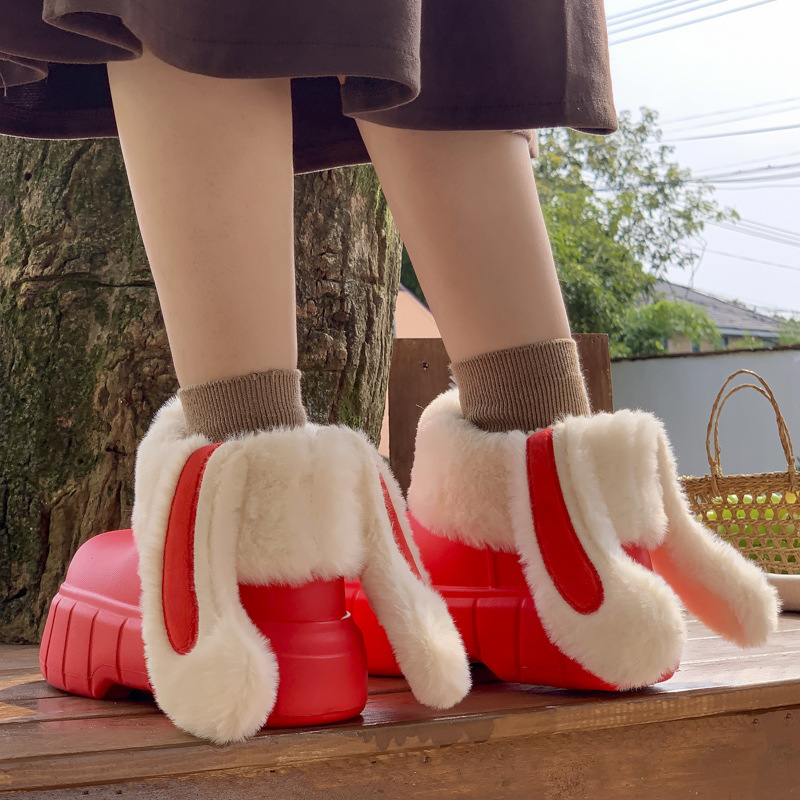 EVA can be disassembled and washed rabbit ear cotton shoes plus velvet waterproof cotton slippers female winter outside to wear rain shoes thick soles cute high bag heel