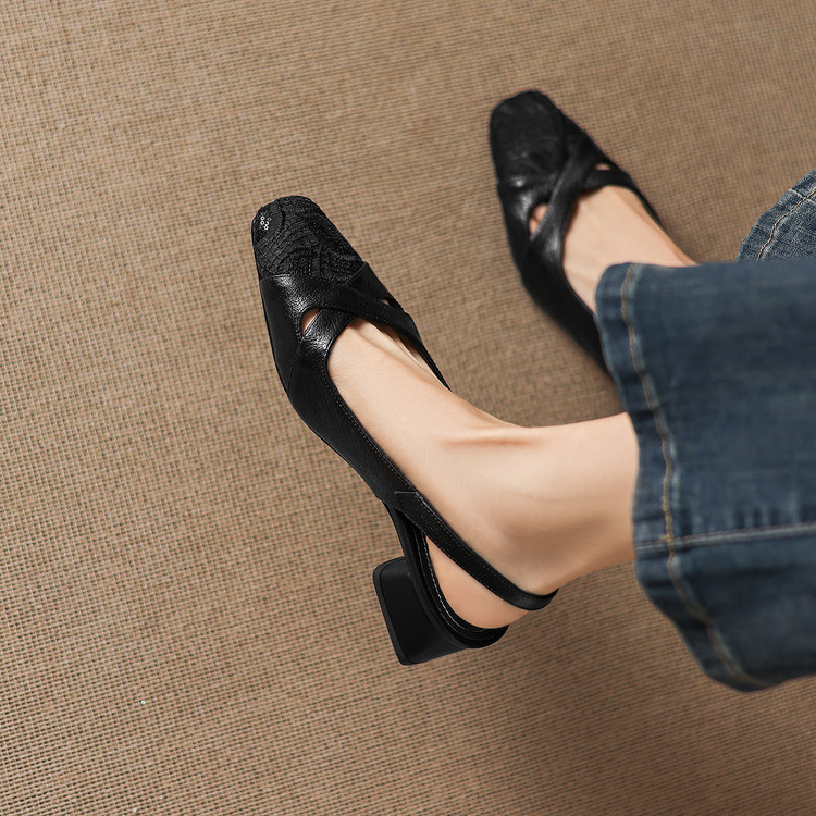 Sandal cao gót nữ hở mũi da cừu lưới phối màu quai ngang khóa — màu đen, màu trắng ngà