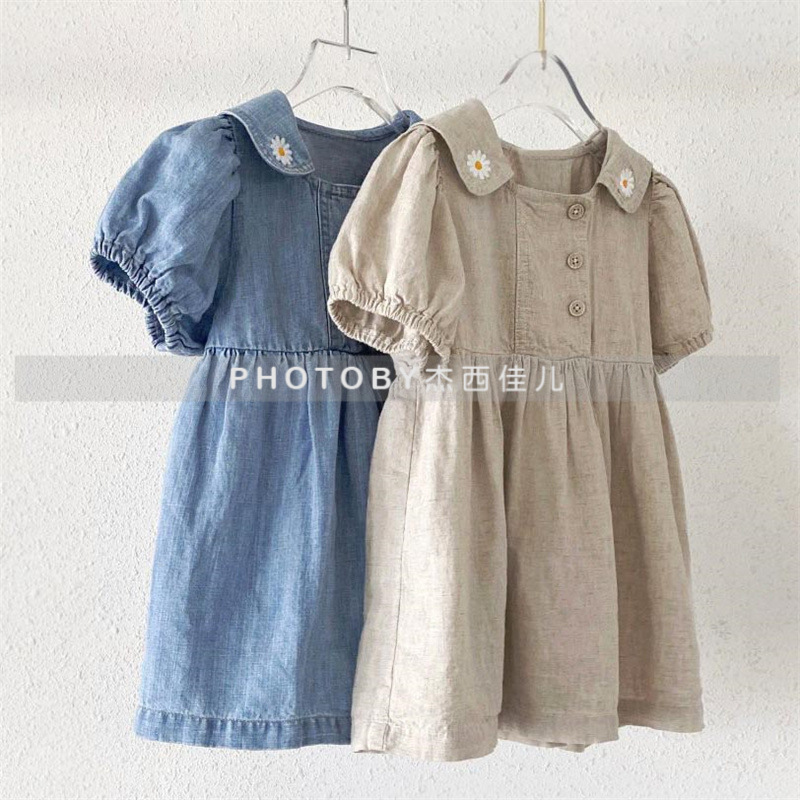 Korean Style Western Style Lapel Ins Bubble Embroider Baby Girl Short-Sleeved Denim Skirt Spring and Summer Chrysanthemum New Dress