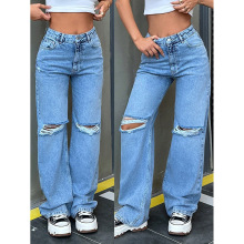 跨境现货代发批发女装时尚破洞牛仔裤高腰显瘦直筒拖地长裤子ins