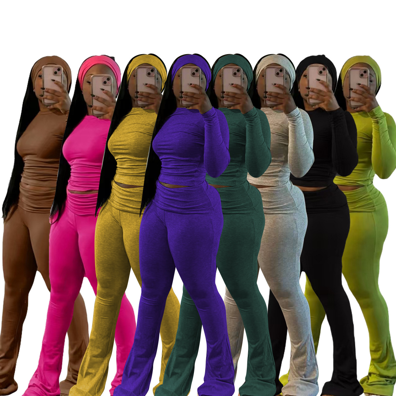 新款紧身纯色套装MZ88614现货欧美亚马逊性感修身弹力带头巾套装