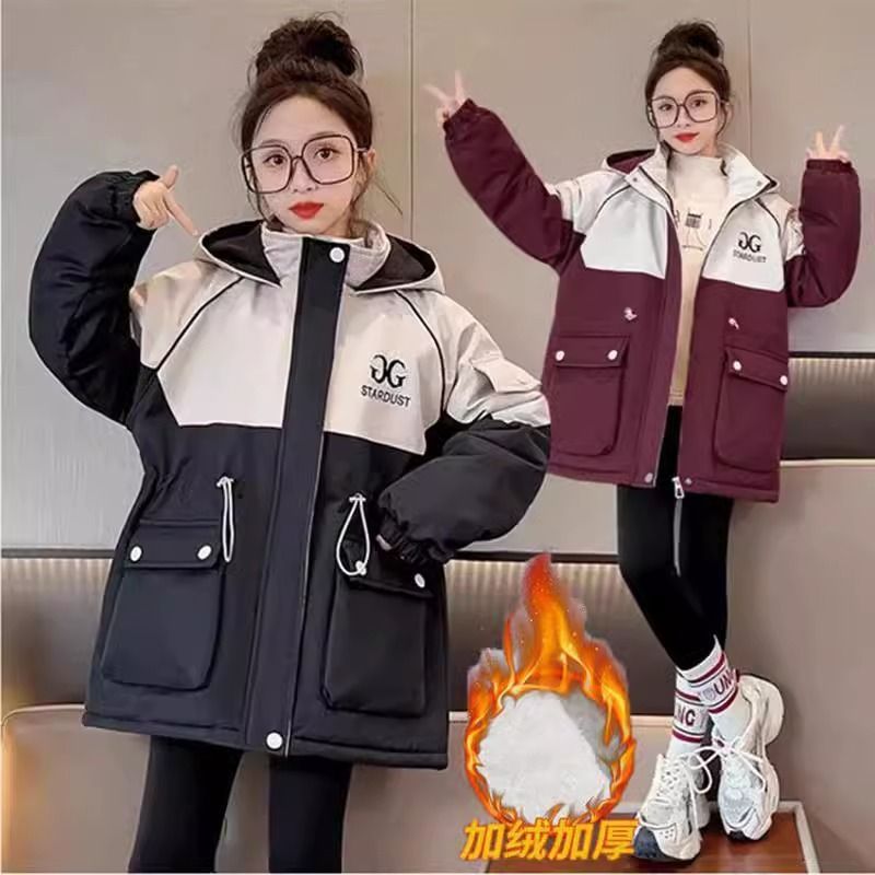 女童棉服外套2024新款中大童冬装加绒加厚棉衣儿童中长款派克服女