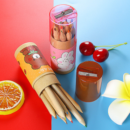 Cartoon Children's Color Pencils 12 Colors Painting Pens with Sharpener, Color Pencil Case Set Student Stationery Bamboo Pencils