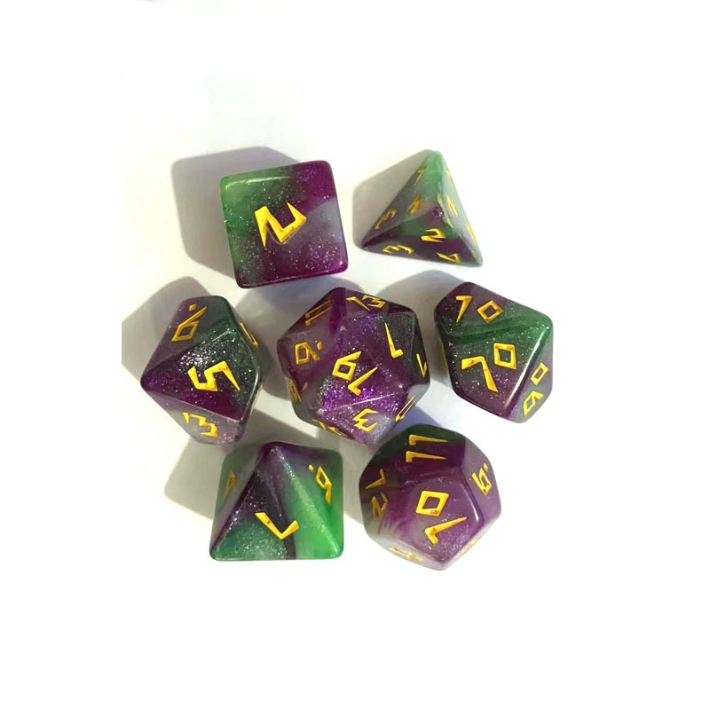 7‑piece polyhedral dice set, tricolor chameleon finish, standard DnD kit (d20–d4), multi‑color