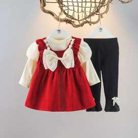 女宝宝秋装婴儿薄款三件套冬季1234岁女童韩版儿童洋气公主裙套装