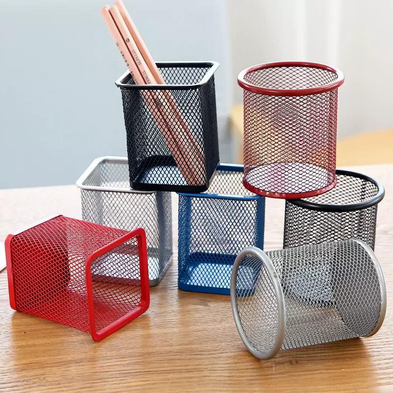 创意镂空网格金属笔筒 多功能办公桌面收纳笔桶学生学习文具圆形