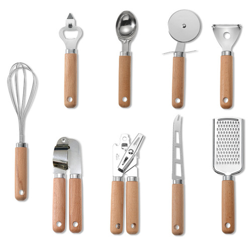 Kitchen gadgets wooden handle small kitchen utensils stainless steel egg beater miscellaneous accessories baking set pizza cheese knife