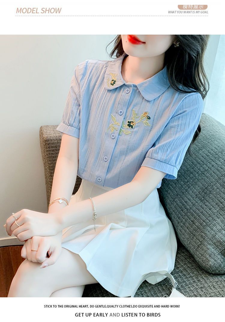 夏装2024年新款时尚纯棉衬衣女洋气全棉短袖气质女士衬衫刺绣上衣详情14